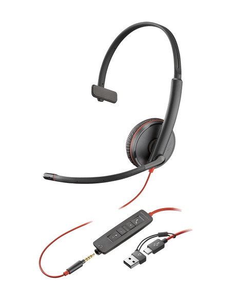 POLY Cuffie Blackwire 3215 monoaurali USB-C + spinotto da 3,5 mm + adattatore USB-C/A (sfuse)