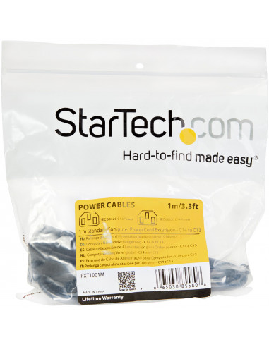 StarTech.com Cavo Prolunga di Alimentazione da 1m, Prolunga Elettrica AC per Computer/Stampante/Monitor da C14 a C13, 10A-125V, 