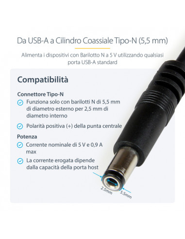 StarTech.com Cavo di alimentazione USB a barilotto tipo N 1 m 5 V CC - USB A a CC 5,5 mm