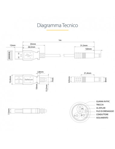 StarTech.com Cavo di alimentazione USB a barilotto tipo N 1 m 5 V CC - USB A a CC 5,5 mm
