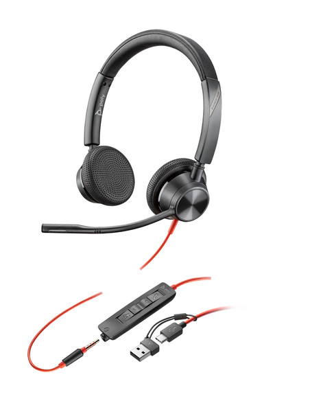 POLY Cuffie stereo Blackwire 3325 con connettore USB-C + spina da 3,5 mm + adattatore USB-C/A