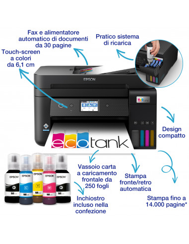 Epson EcoTank ET-4800 stampante multifunzione inkjet 4-in-1 A4, serbatoi ricaricabili alta capacità, 4 flaconi inclusi pari a 7