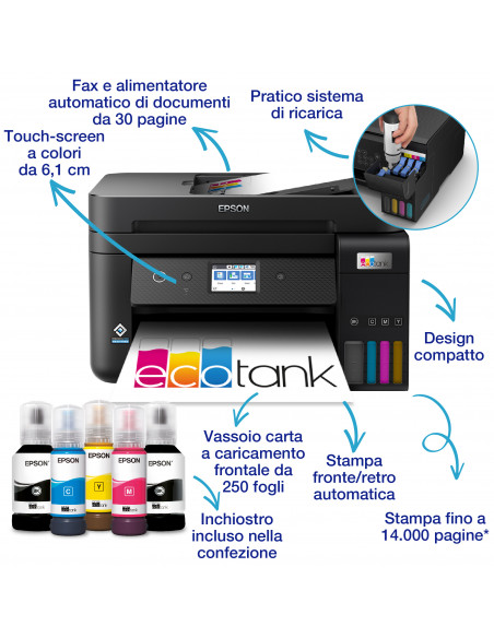 Epson EcoTank ET-4800 stampante multifunzione inkjet 4-in-1 A4, serbatoi ricaricabili alta capacità, 4 flaconi inclusi pari a 7