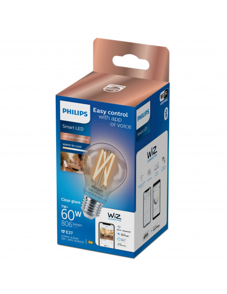 Philips LED Lampadina Smart Filament Dimmerabile Luce Bianca da Calda a Fredda Attacco E27 60W Goccia