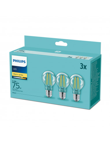 Philips Lampadina trasparente a filamento 75 W A60 E27 x3