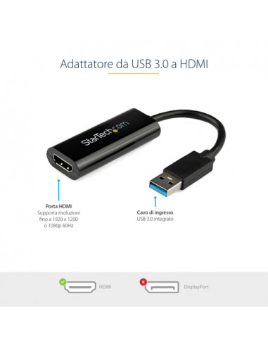 StarTech.com Adattatore da USB 3.0 a HDMI - 1080p (1920x1200) - Sottile/Compatto convertitore video da USB Type-A a HDMI per mon