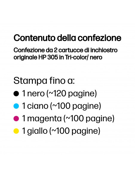 HP 305 2-Pack Tri-color/Black Original Ink Cartridge cartuccia d'inchiostro 2 pz Originale Resa standard Nero, Ciano, Magenta, G