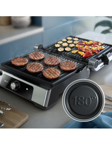 Philips Serie 5000 Grill elettrico bistecchiera, 2200W, Apertura 180°, Piastre rimovibili HD6301/90