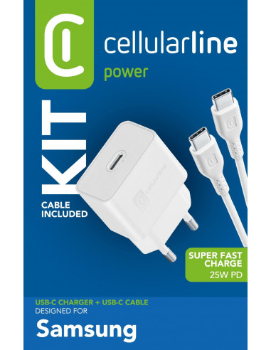 Cellularline Super Fast Charger Kit 25W - USB-C to USB-C - Samsung Caricabatterie da rete Super Fast Charge PD 25W con cavo USB-