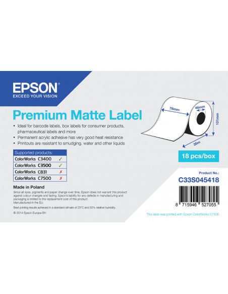 Epson Premium Matte Label - Continuous Roll: 76mm x 35m