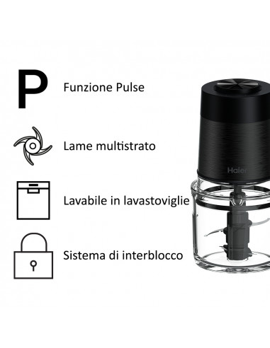 Haier Tritatutto I-Master Serie 5 Nero, 4 lame in acciaio inox, 2 livelli di velocità, Ciotola in vetro 0,5 L