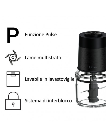 Haier Tritatutto I-Master Serie 5 Nero, 4 lame in acciaio inox, 2 livelli di velocità, Ciotola in vetro 0,5 L
