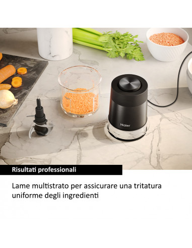 Haier Tritatutto I-Master Serie 5 Nero, 4 lame in acciaio inox, 2 livelli di velocità, Ciotola in vetro 0,5 L