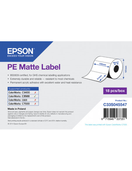 Epson PE Matte Label - Die-cut Roll: 102mm x 51mm, 535 labels