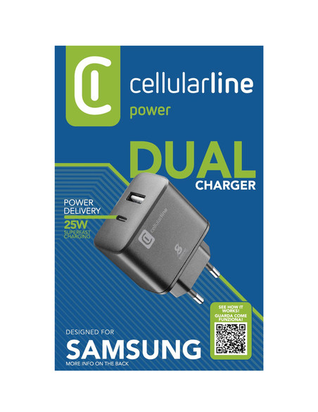 Cellularline Dual Super Fast Charger 25W - Samsung Caricabatterie da rete 2 porte USB e USB-C con tecnologia Super Fast Charging