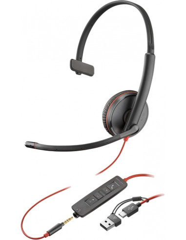 POLY Cuffie monoaurali Blackwire 3215 con connettore USB-C + spina da 3,5 mm + adattatore USB-C/A