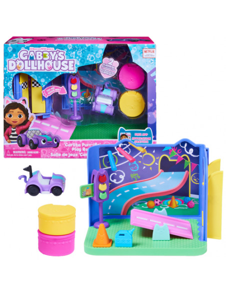 Gabby's Dollhouse , Stanza dei giochi Carlita Purr-ific con la macchinina giocattolo Carlita, accessori, mobili e scatola con so