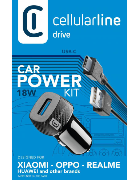 Cellularline USB Car Charger Kit 18W - USB-C - Huawei, Xiaomi, Wiko, Asus and other smartphone Caricabatterie da auto adattivo 1