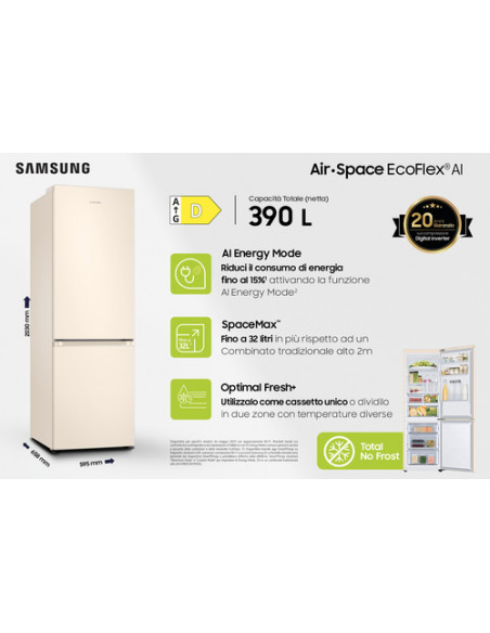Samsung RB38C603DEL frigorifero Combinato EcoFlex AI Libera installazione con congelatore Wifi 2m 390 L Classe D, Sabbia