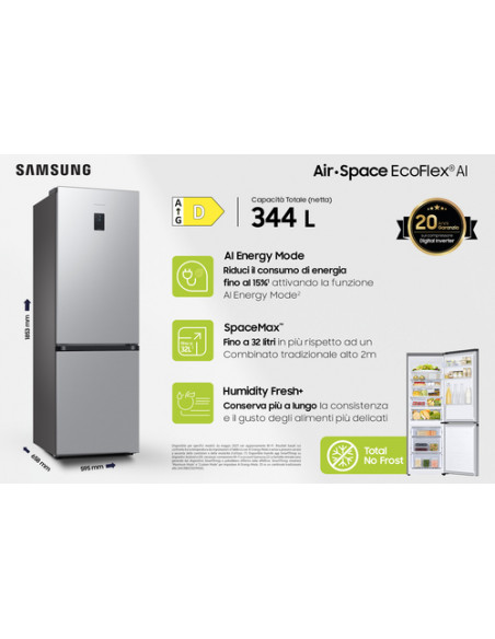 Samsung Frigorifero Combinato EcoFlex AI 1.85m 344L RB34C675DSA