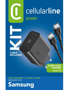 Cellularline Super Fast Charger Kit PD 45W Caricabatterie da rete USB-C 45W con cavo USB-C to USB-C