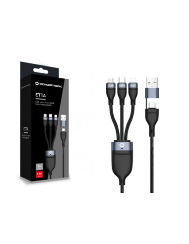 Conceptronic ETTA06B15 cavo USB USB 2.0 1,5 m USB C USB C/Micro-USB B/Lightning Nero