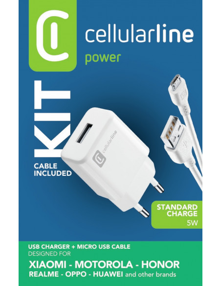 Cellularline USB Charger Kit 1A - Micro USB - Huawei, Xiaomi, Wiko, Asus and other smartphone Caricabatterie da rete 1A con cavo