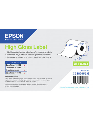Epson High Gloss Label - Continuous Roll: 51mm x 33m
