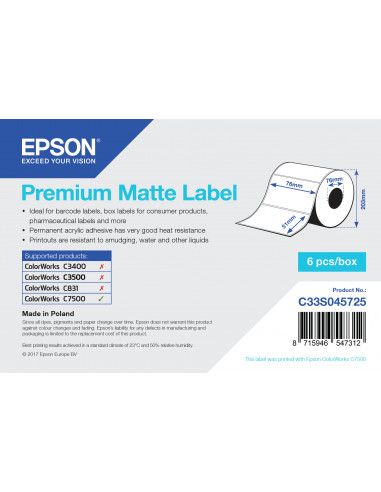 Epson Premium Matte Label - Die-cut Roll: 76mm x 51mm, 2310 labels