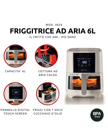 Ariete 4626 Friggitrice ad aria 6L, 1300 W, Capacità 6L, Capacità di cottura 2,5kg, 8 programmi preimpostati, Temperatura fino
