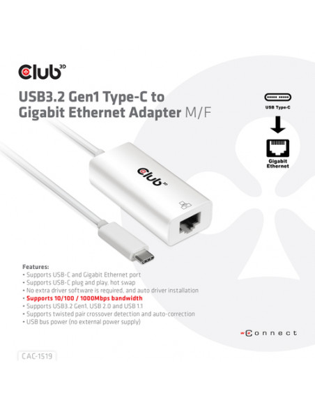 CLUB3D CAC-1519 adattatore per inversione del genere dei cavi USB-C RJ-45 Bianco