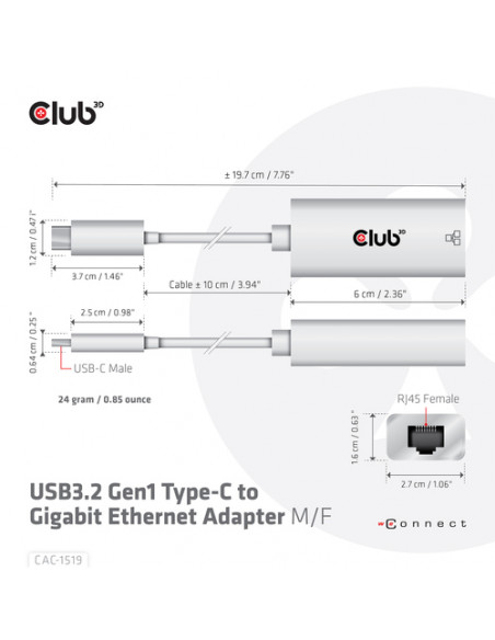 CLUB3D CAC-1519 adattatore per inversione del genere dei cavi USB-C RJ-45 Bianco