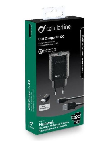 Cellularline USB Charger Kit 18W - USB-C - Huawei, Xiaomi, Wiko, Asus and other smartphone Caricabatterie da rete adattivo 18W c