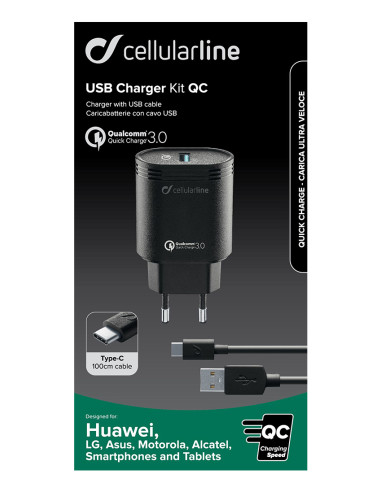 Cellularline USB Charger Kit 18W - USB-C - Huawei, Xiaomi, Wiko, Asus and other smartphone Caricabatterie da rete adattivo 18W c