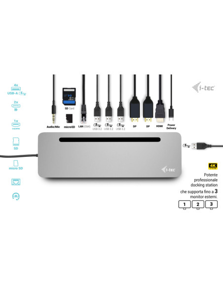 i-tec USB-C Metal Ergonomic 3x 4K Display Docking Station with Power Delivery 100 W + Universal Charger 100 W