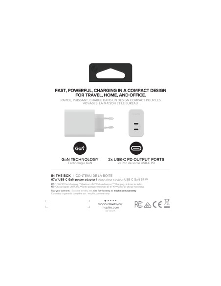 mophie 409909304 Caricabatterie per dispositivi mobili Computer portatile, Smartphone, Tablet Bianco AC Ricarica rapida Interno
