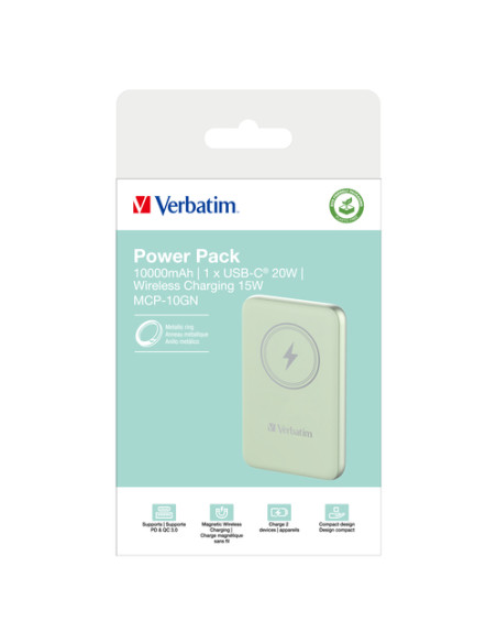 Verbatim Charge 'n' Go Polimeri di litio (LiPo) 10000 mAh Carica wireless Verde