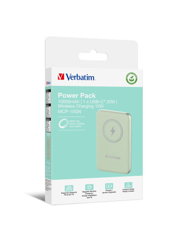 Verbatim Charge 'n' Go Polimeri di litio (LiPo) 10000 mAh Carica wireless Verde