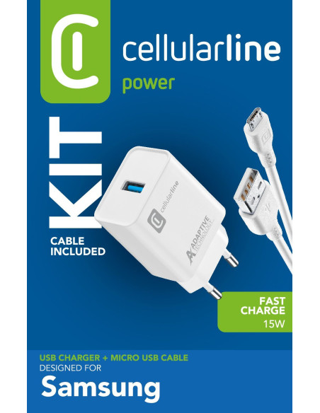 Cellularline Adaptive Fast Charger Kit 15W - Micro USB - Samsung Caricabatterie da rete Fast Charger 15W con cavo Micro USB