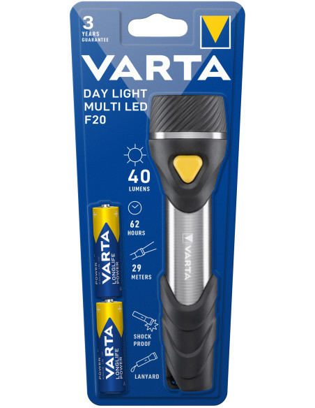 Varta Day Light Multi LED F20 LED Flashlight (incl. 2x Longlife Power AA e cordino, a prova d'urto) argento/nero per la casa, pe