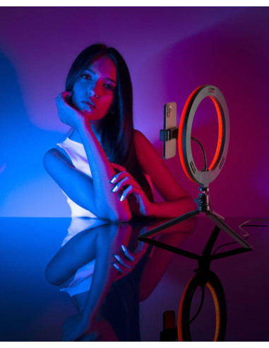 Tech Pop Selfie Ring Multicolor - Universale Anello led con modalità RGB a luminosità regolabile e treppiede per riprese video