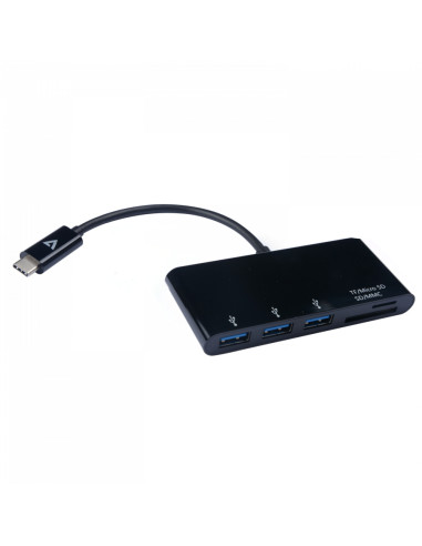 V7 Adaptador USB negro con conector USB-C macho a 3 hembras: USB 3.0 A Micro SD SD/MMC