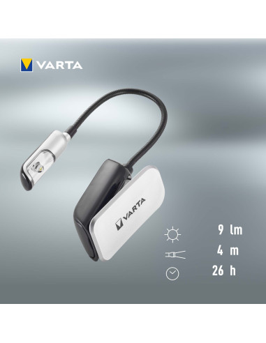 Varta Book Light (incl. 2x CR2032 Celle a bottone, con impugnatura a clip e collo flessibile) argento/nero, luce a clip