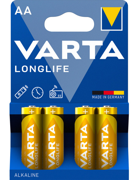 Varta Longlife, Batteria Alcalina, AA, Mignon LR6, 1.5V, Blister da 4, Made in Germany