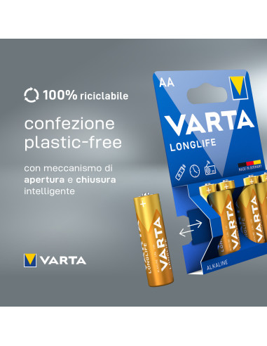 Varta Longlife, Batteria Alcalina, AA, Mignon LR6, 1.5V, Blister da 4, Made in Germany