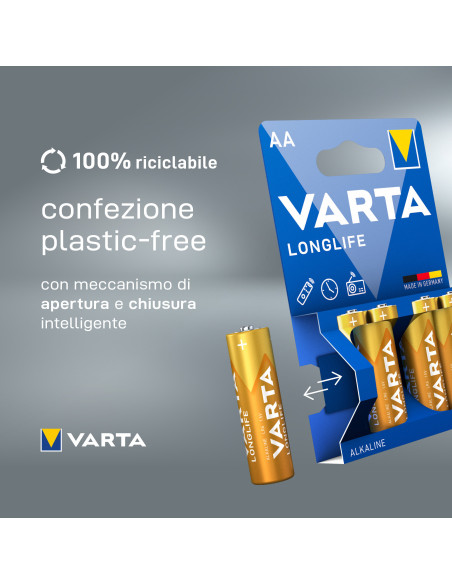Varta Longlife, Batteria Alcalina, AA, Mignon LR6, 1.5V, Blister da 4, Made in Germany