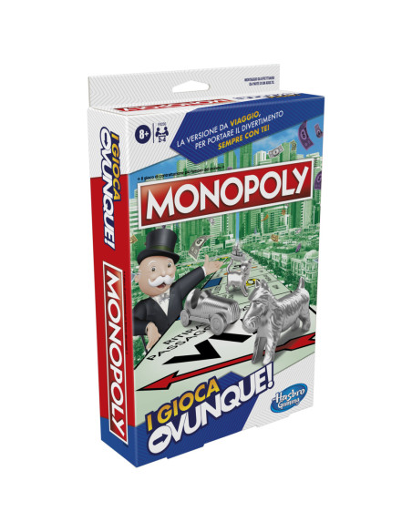 Monopoly I Gioca Ovunque, gioco per bambini e bambine dagli 8 anni in su, gioco portatile per 2-4 giocatori, gioco da viaggio pe