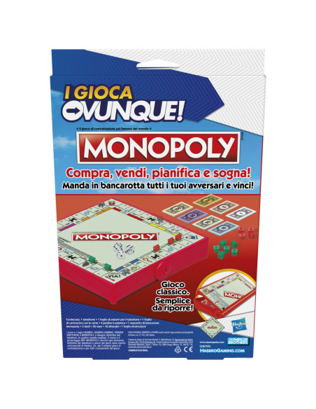 Monopoly I Gioca Ovunque, gioco per bambini e bambine dagli 8 anni in su, gioco portatile per 2-4 giocatori, gioco da viaggio pe