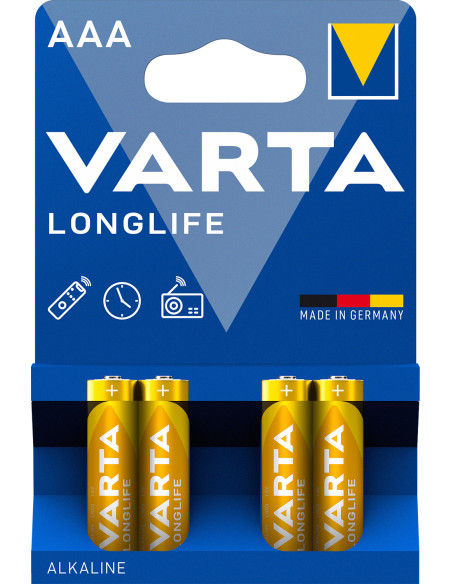 Varta Longlife, Batteria Alcalina, AAA, Micro, LR03, 1.5V, Blister da 4, Made in Germany