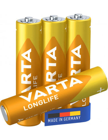 Varta Longlife, Batteria Alcalina, AAA, Micro, LR03, 1.5V, Blister da 4, Made in Germany